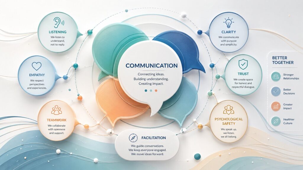 Abstract communication framework showing listening, empathy, trust, clarity, and facilitation