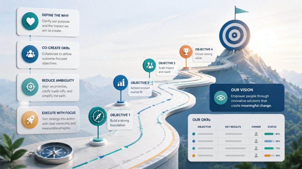 Strategic roadmap showing startup vision, objectives, and OKR alignment