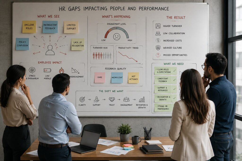 Team reviewing HR gaps affecting engagement, turnover, and productivity