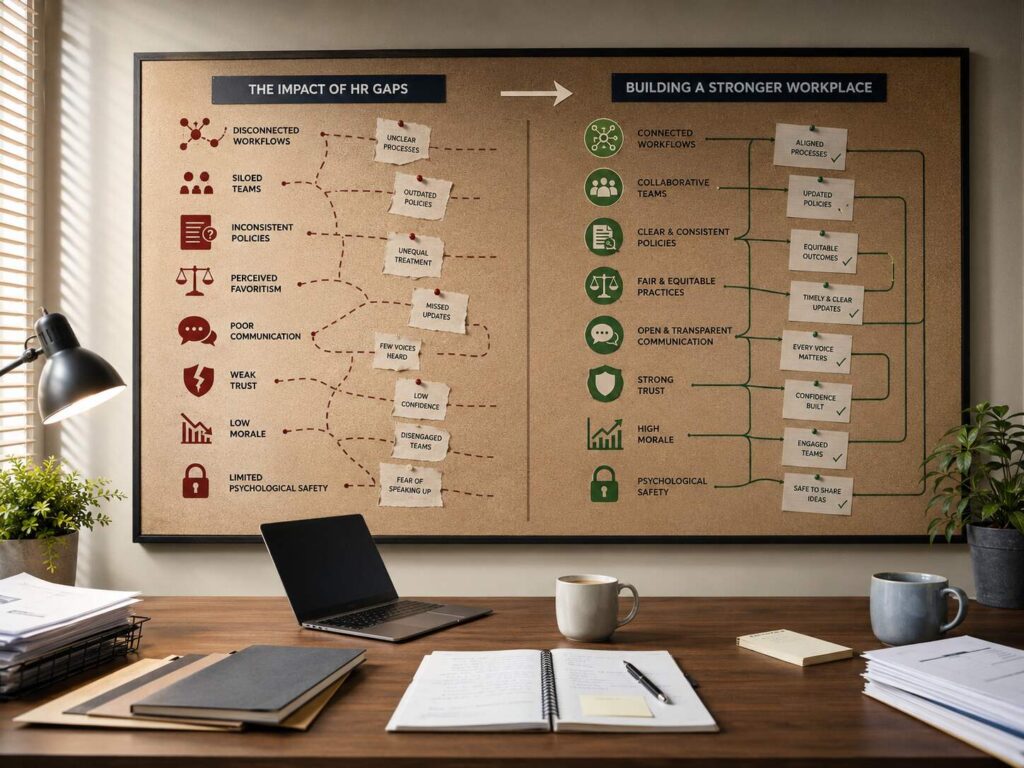 Office board showing HR gaps being rebuilt into stronger workplace trust