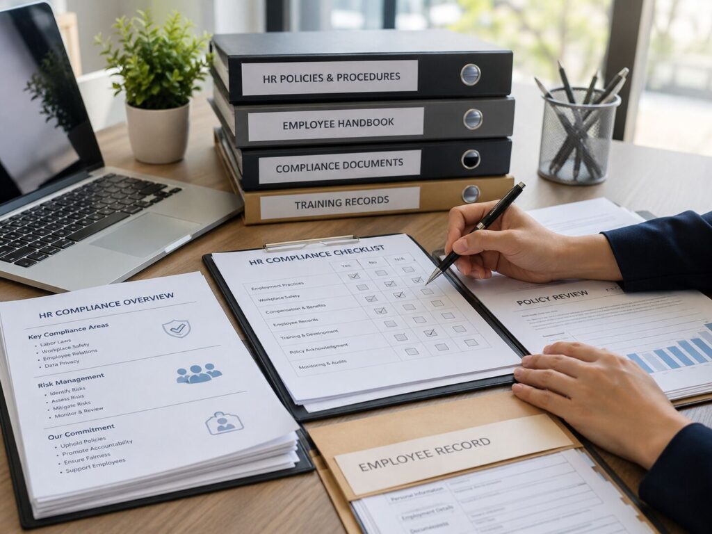 HR consultant reviewing compliance checklist and employee policy records