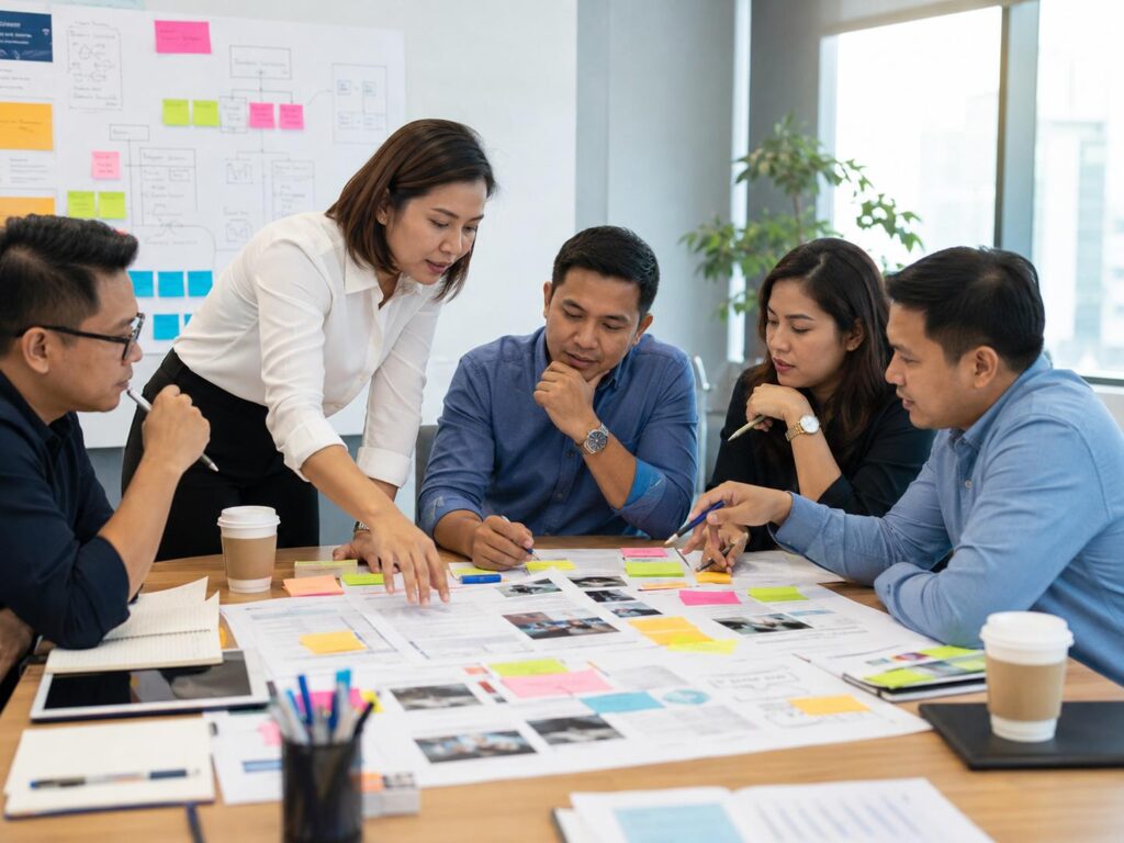 Filipino managers solving workplace scenarios in a leadership workshop