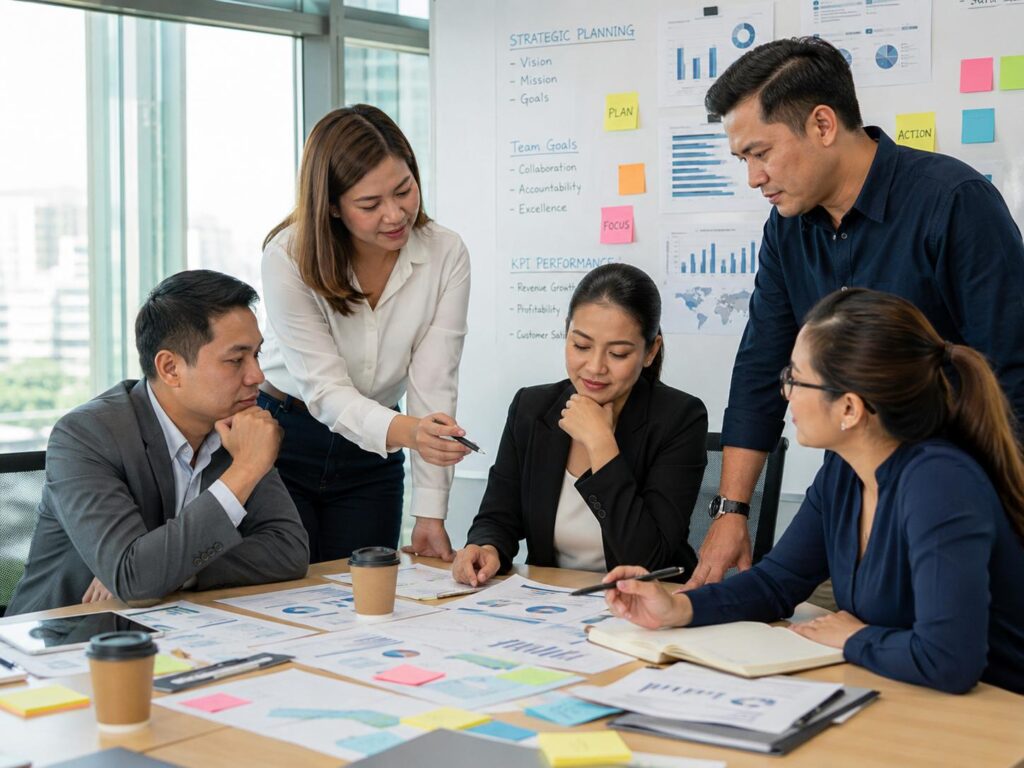 Filipino managers reviewing KPI reports and business strategy notes