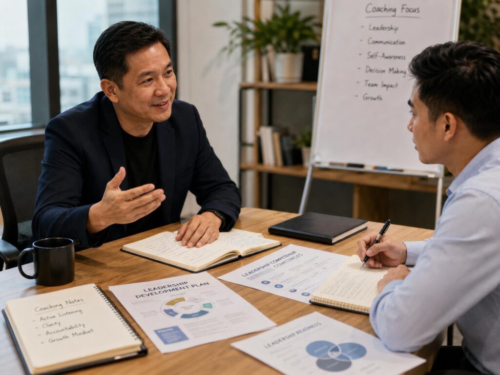 Mentor coaching a young Filipino professional on leadership development