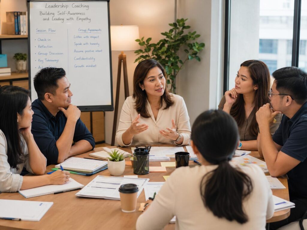 Leadership coach guiding a psychological safety discussion with Filipino professionals