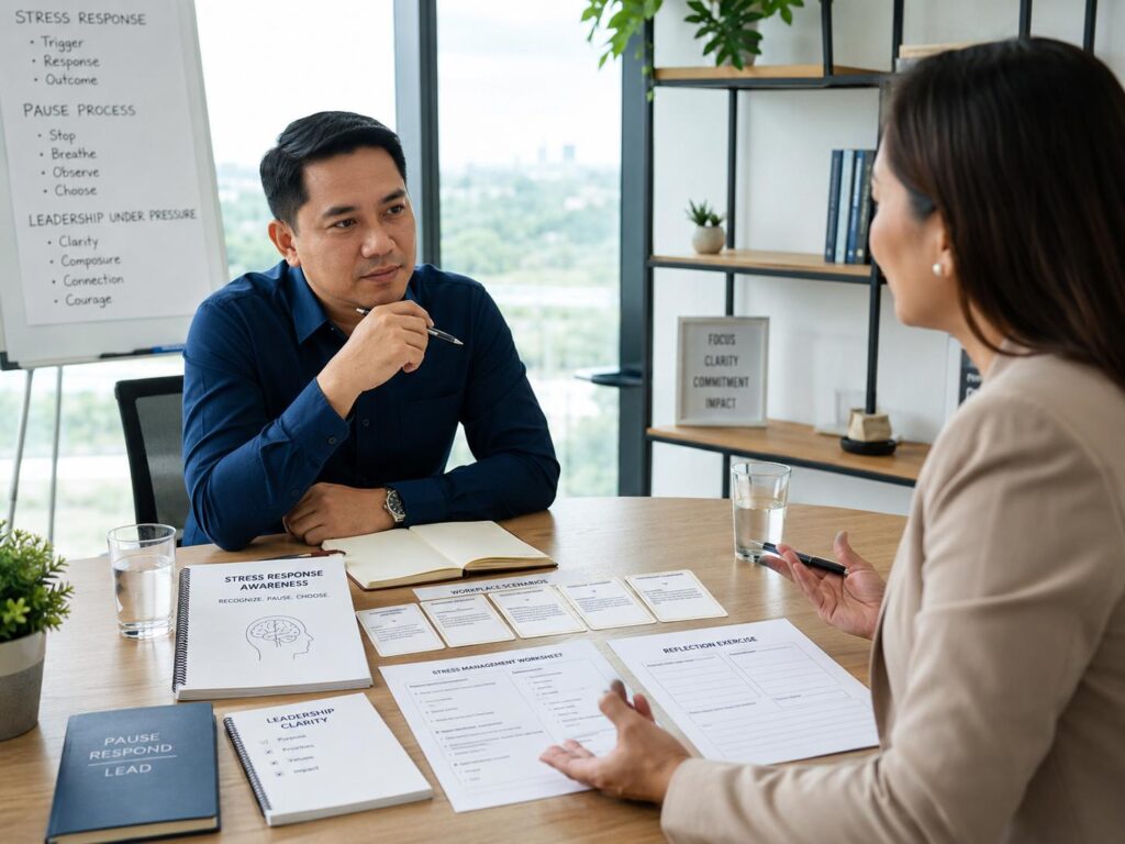 Filipino manager reviewing stress response exercises during leadership coaching