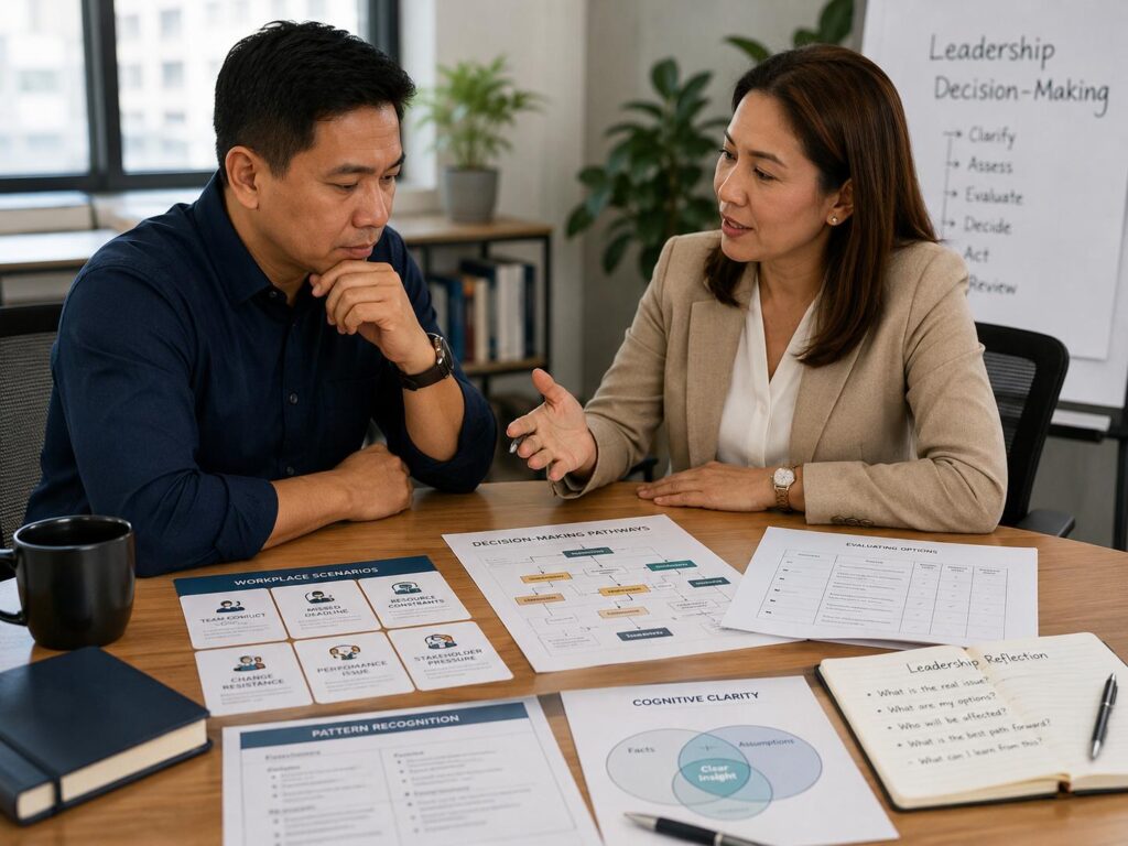 Filipino manager practicing decision-making with a leadership coach