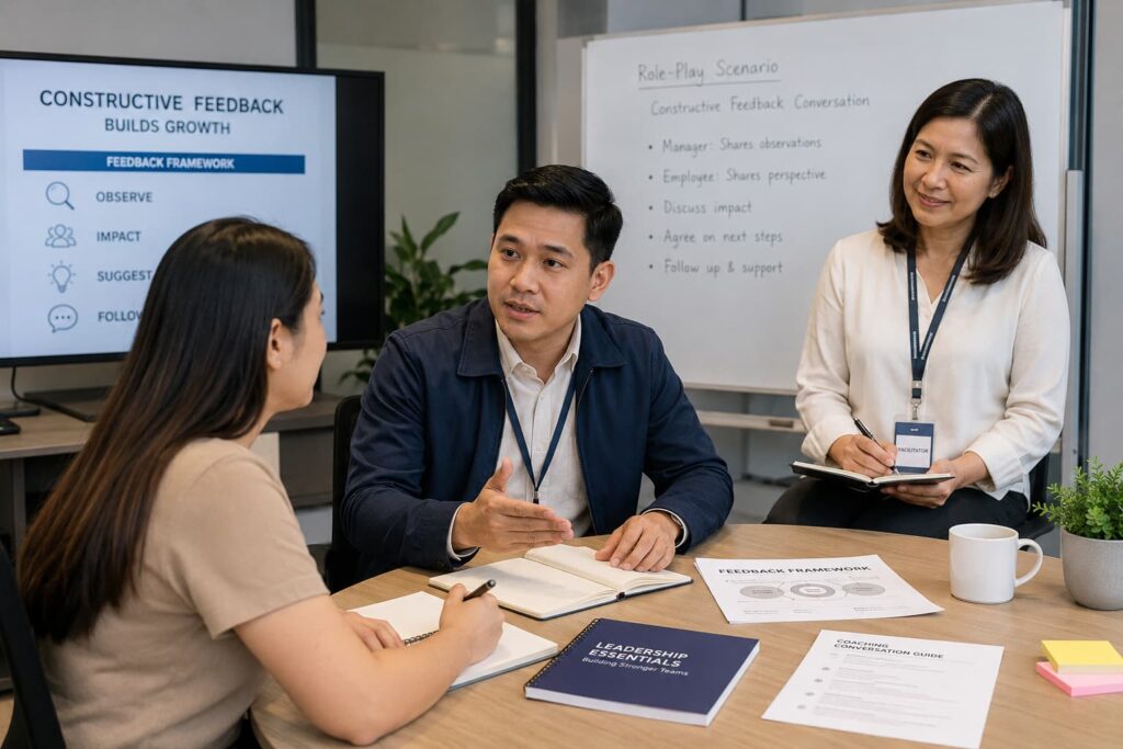 Filipino new manager practicing a constructive feedback conversation during a leadership development exercise