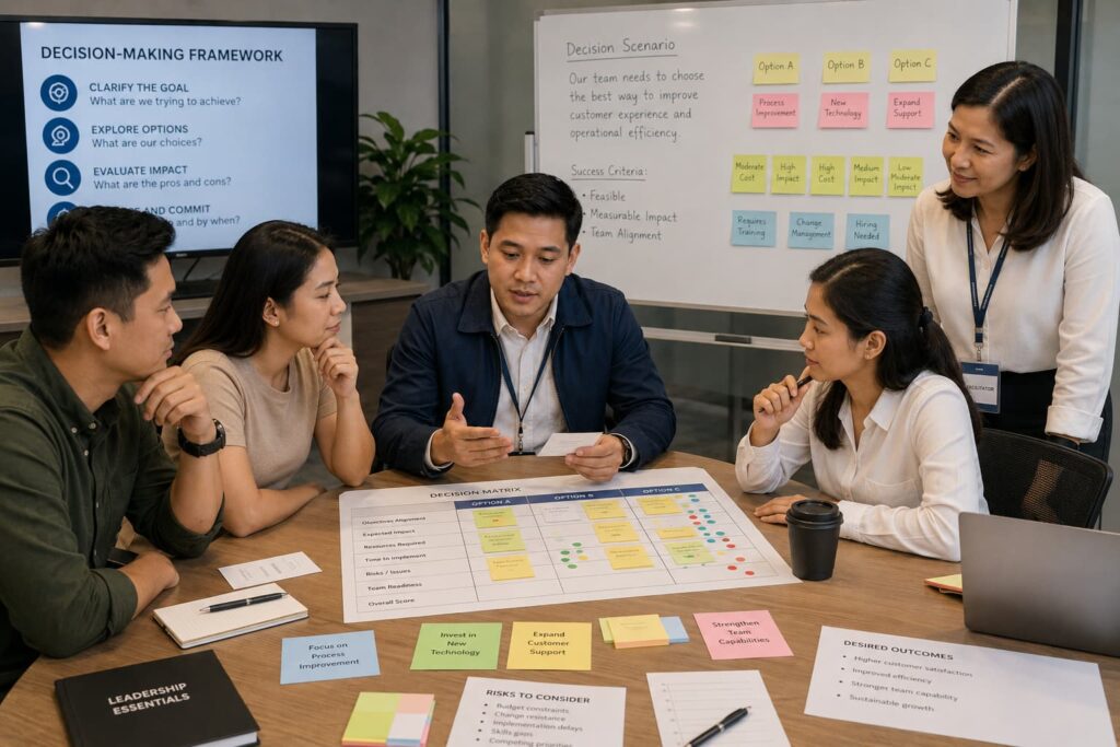 Filipino manager using a structured decision-making exercise to evaluate options and build leadership confidence