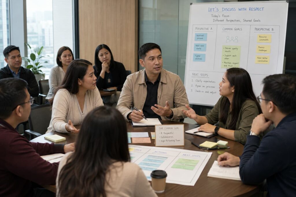 Filipino team building facilitator neutrally guiding employees through different perspectives to support constructive conflict prevention