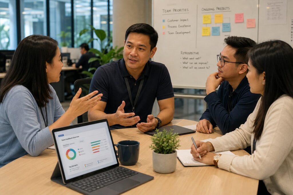 Filipino manager coaching team members during a collaborative workplace discussion focused on feedback and leadership development