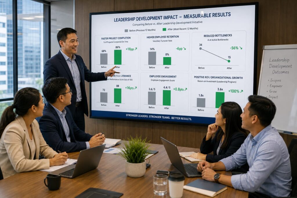Filipino executives reviewing improved team performance, employee engagement, retention, and business results after leadership training