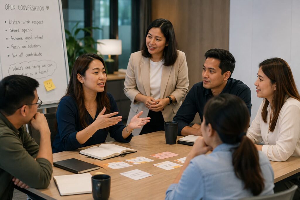 Filipino employees participating in a psychologically safe team discussion with a facilitator encouraging open communication
