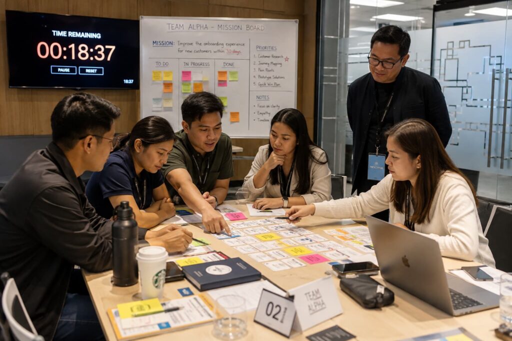 Filipino team working together on a high-pressure collaborative challenge to strengthen resilience and problem-solving skills